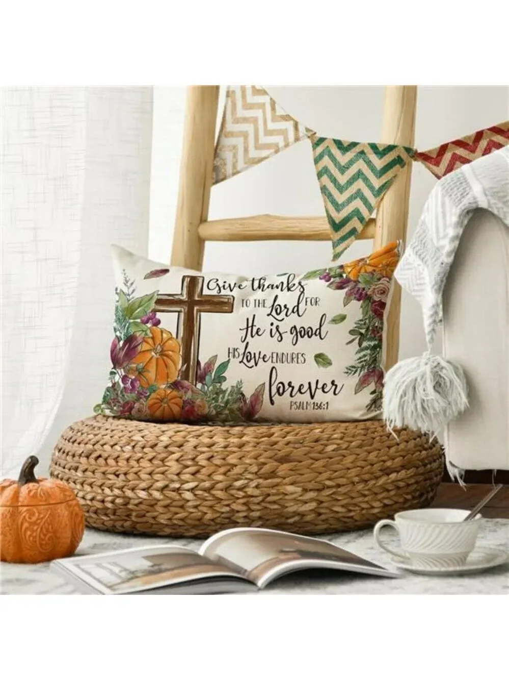Thanksgiving Pillow Cover 12x20 Give Thanks Fall Harvest Cushion Case for Sofa C